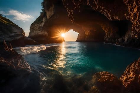 Premium AI Image | A sunset at the ocean with a hole in the rock.