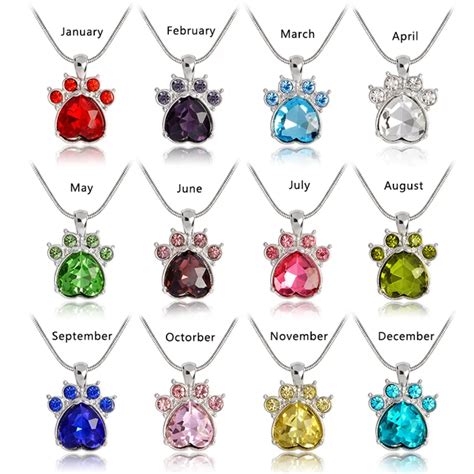 QIHE JEWELRY Simulated birthstone necklace Rhinestone paw foot print ...