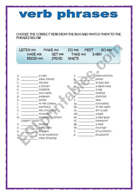 Verb Phrases Worksheets