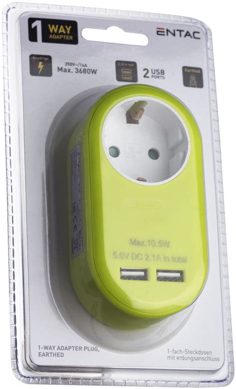 Power Adapter 1 Grounded Socket and 2 USB (total 2.1A) Lime