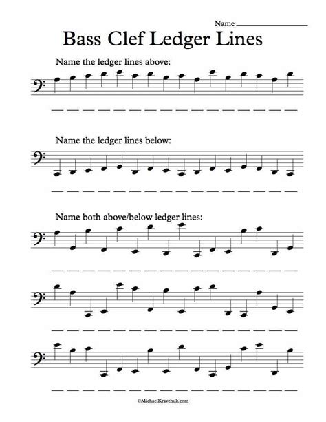 Free Bas Clef Ledger Lines Note Recognition Worksheet | Music theory worksheets, Music ...