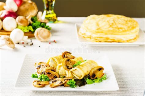 Hot Russian Pancakes or Blini with Mushrooms. Stock Image - Image of cake, holiday: 104215205