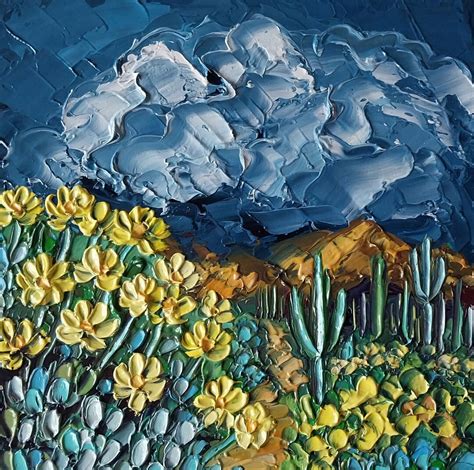 Flowering Brittlebush Arizona Landscape Painting Original Arizona Desert Wall Art Storm Sky ...