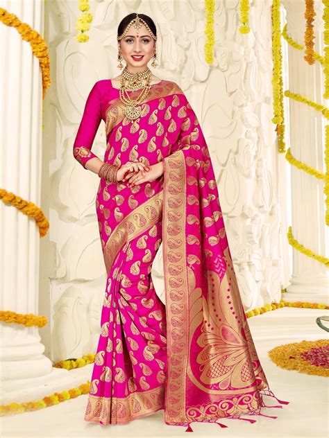 New Indian Bangladeshi Wear Sarees Pink Banarasi Art Silk Woven Sari - 1049 - Sari, Saree