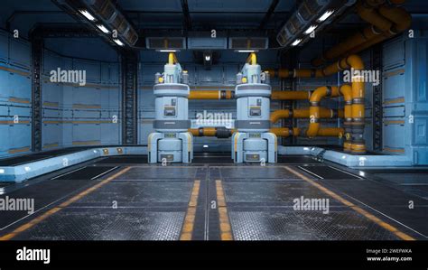 Large futuristic sci-fi space station hangar interior. 3D rendering ...