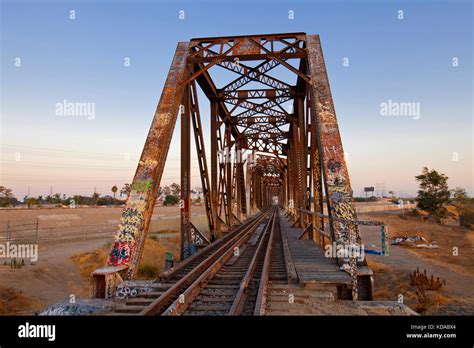 Train trestle bridge over Los Angeles River, South Gate, Los Angeles County, California, USA ...