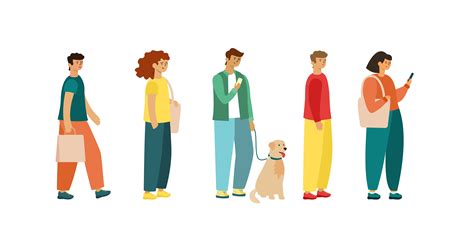 Full length of cartoon people standing in line. flat vector 3135450 ...