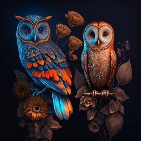 Premium Photo | A painting of two owls on a branch with flowers.