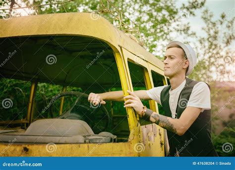 Young Man Hipster Tries To Get Old Retro Car Bus Stock Photo - Image of caucasian, fashionable ...