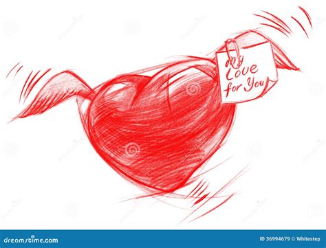 Flying Heart with Message, Sketch Drawing Stock Illustration - Illustration of concept ...