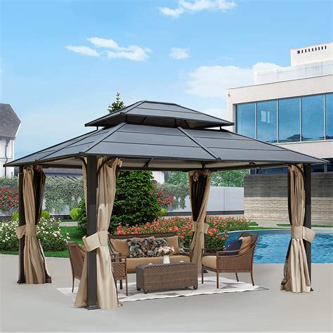 Mellcom 12x14 FT Double Roof Hardtop Gazebo, Aluminum Patio Gazebo with Curtains & Netting for ...