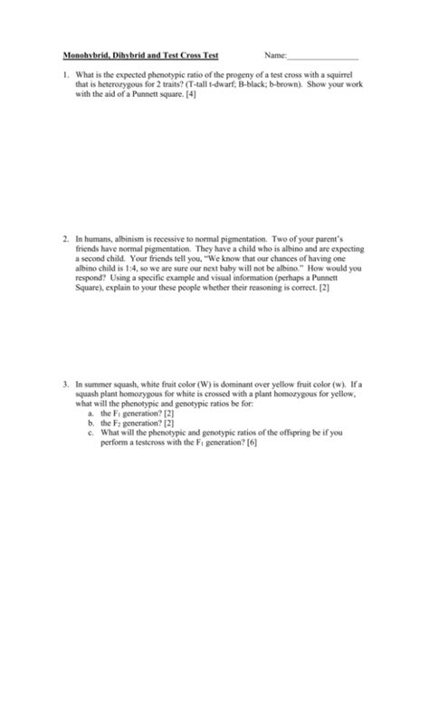 Monohybrid, Dihybrid and Test Cross Test