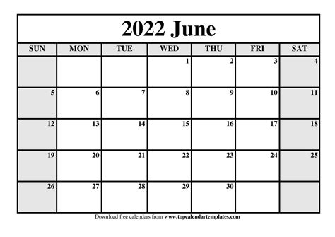 Printable Calendar June 2022 Templates - PDF, Word, Excel