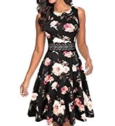 Owin Women's Vintage Cocktail Dress Sleeveless Waist Round Neck Floral ...