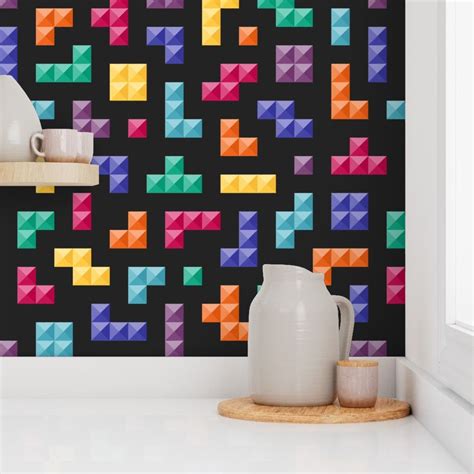 Game Tetris 3D bricks black Wallpaper Wallpaper | Spoonflower