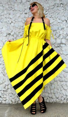 Lemon Yellow Dress, Cotton Lemon Yellow Dress with Black Stripes TDK247 - TEYXO