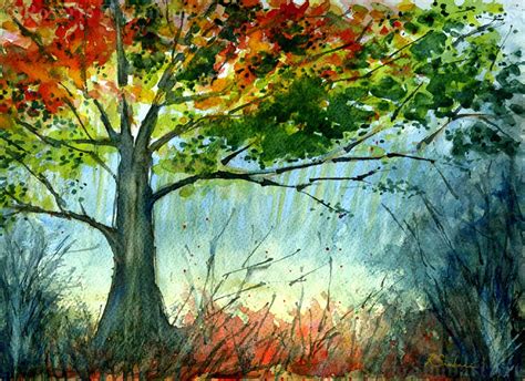 Original Watercolor Fall Tree Landscape Painting by Rosario F. - Etsy