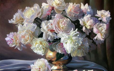 painting, Still, Life, Zbigniew, Kopania, Flowers, Peonies, White, Bouquet, Vase, Petals, Fabric ...