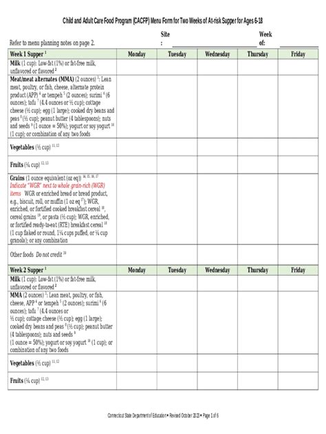 CACFP Menu for Breakfast, Lunch, and Supper for Ages ... Doc Template ...