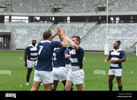 Diverse male rugby players celebrating goal in stadium Stock Photo - Alamy