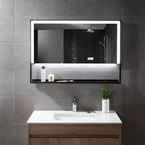 lighted bathroom mirror with open shelf rectangular bath vanity LED ...