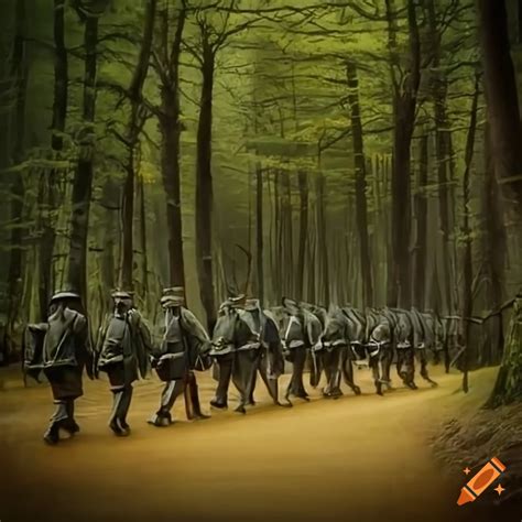 Painting of german soldiers marching through forest on Craiyon