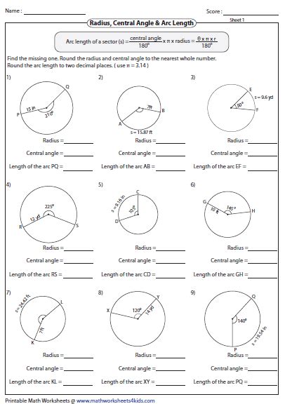 Area Of Sector And Length Of Arc Worksheet