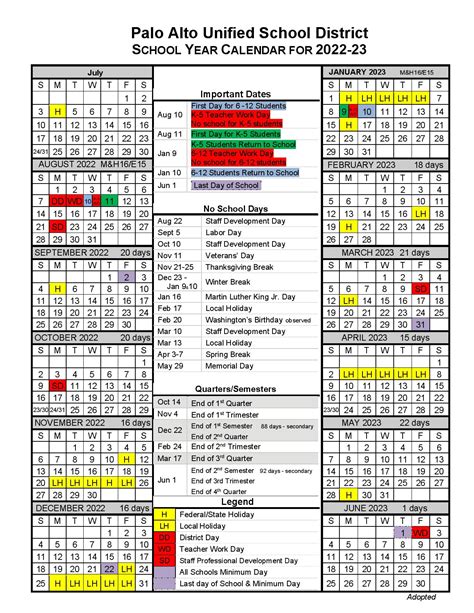 Palo Alto Unified School District Calendar 2022-2023