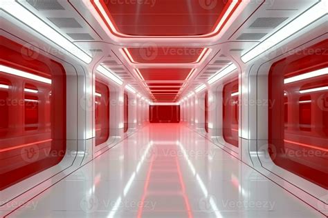 Futuristic background science fiction interior white wall and red light architecture corridor ...