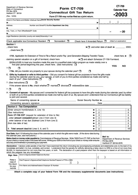 Form Ct-709 - Connecticut Gift Tax Return - 2003 printable pdf download