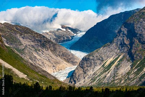 Nigardsbreen glacier arm of Jostedalsbreen glacier, Jostedalen valley as seen from the Jostedal ...