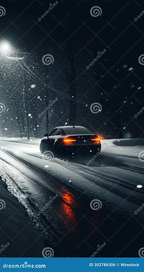 A Car Driving on a Snowy Night in the City at Night Stock Photo - Image ...