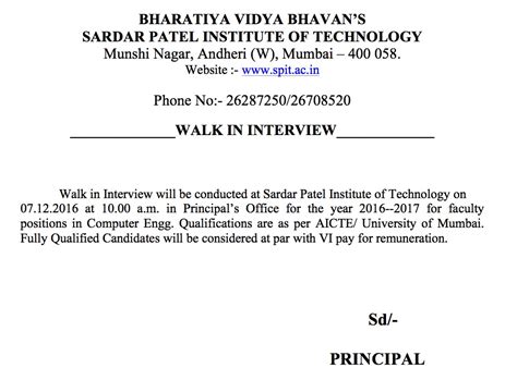 Walk in interview - Sardar Patel Institute of Technology Sardar Patel ...