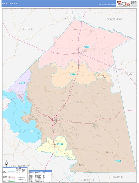 Polk County, TX Wall Map Color Cast Style by MarketMAPS