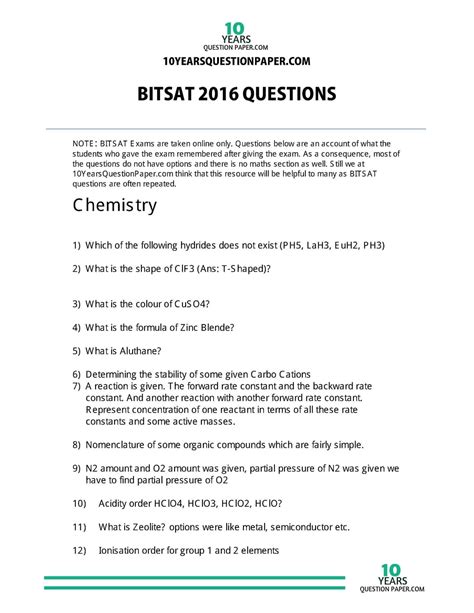 BITSAT 2016 Question Paper