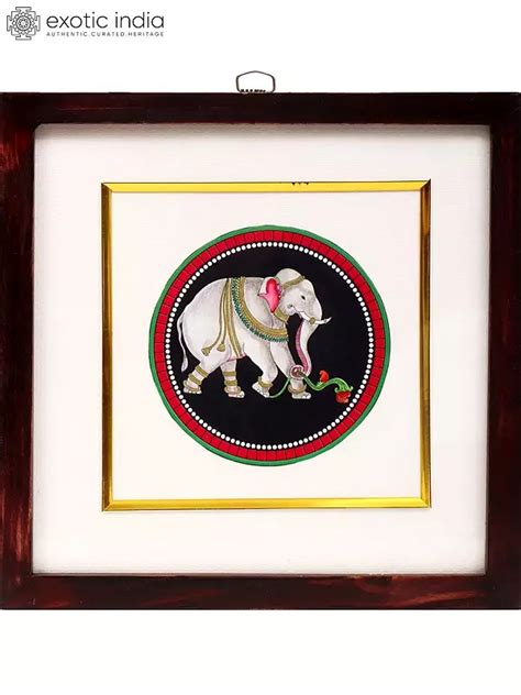 9" Airavat Elephant Artwork | Framed Ganjifa Painting | Exotic India Art