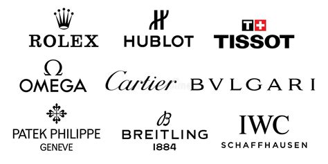 Logos of World Watch Brands. Rolex, Hublot, Tissot, Omega, Cartier, Bulgari, IWC, Breitling ...