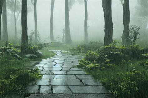 Premium Photo | Summer rainy day in a forest glade Wet dark green trees grass and path in rainy ...