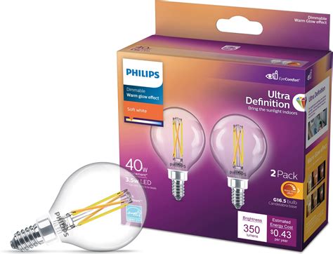 Philips LED Classic Glass Dimmable G16.5 Light Bulb: 350-Lumen, 2700-Kelvin, 3.8 Watt, E12 Base ...