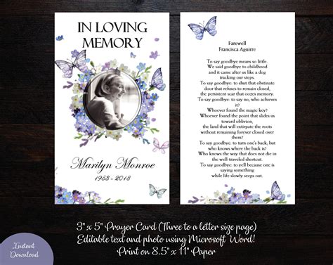 Printable Funeral Prayer Card 3 X 5 Memorial Prayer Card Editable Text MS Word Lavender Forget ...