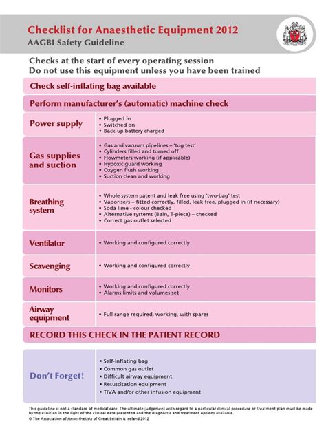 Checklist For Anaesthetic Equipment 2012 PDF | PDF