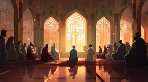 Premium AI Image | A group of people praying together in a mosque