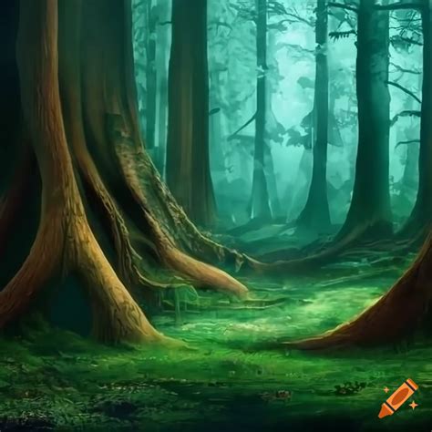 Enchanted forest with rolling hills