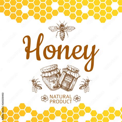 Vintage honey logo and background with vector bee, honey jars and honeycombs. Natural honey food ...