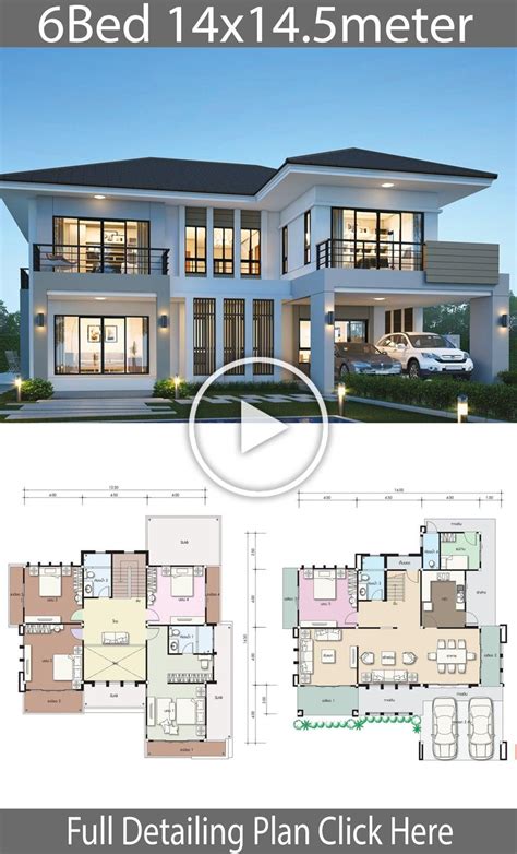 House Design Plan 14x14.5m With 6 Bedrooms - Home Design With Plansearch | Yerleşim Planı, Bi̇na ...