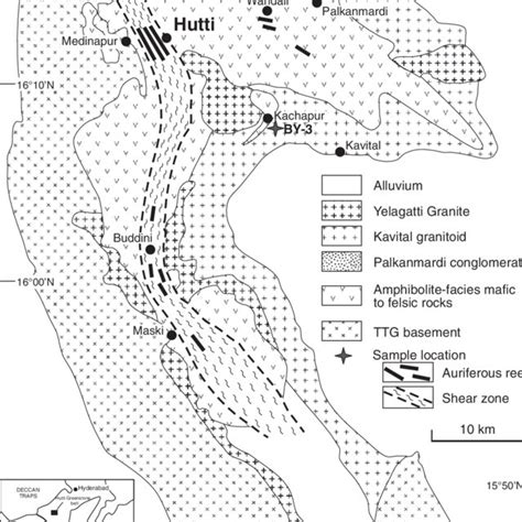 Generalized geologic map of the Hutti greenstone belt. Inset shows the... | Download Scientific ...