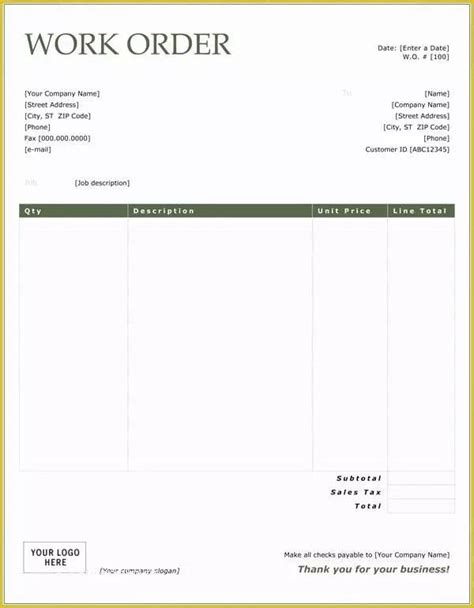 Free Plumbing Work Order Template - Printable Templates Free