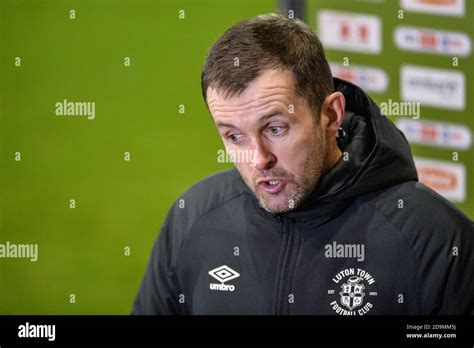 Nathan Jones manager of Luton Town talks to media Stock Photo - Alamy