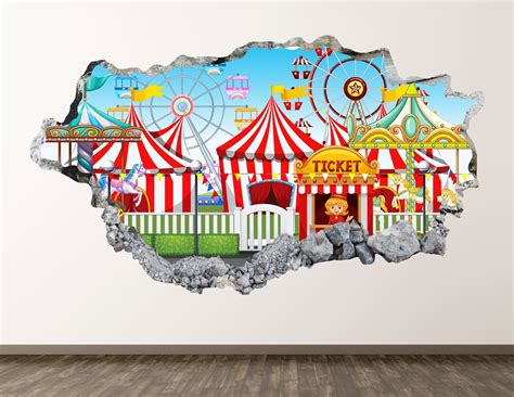 Circus Wall Decal Amusement Park 3D Smashed Wall Art Sticker Kids Decor Vinyl Home Poster Custom ...