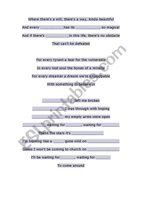 Song lyrics worksheet: Waiting for love by Avicii - ESL worksheet by fleurdebri